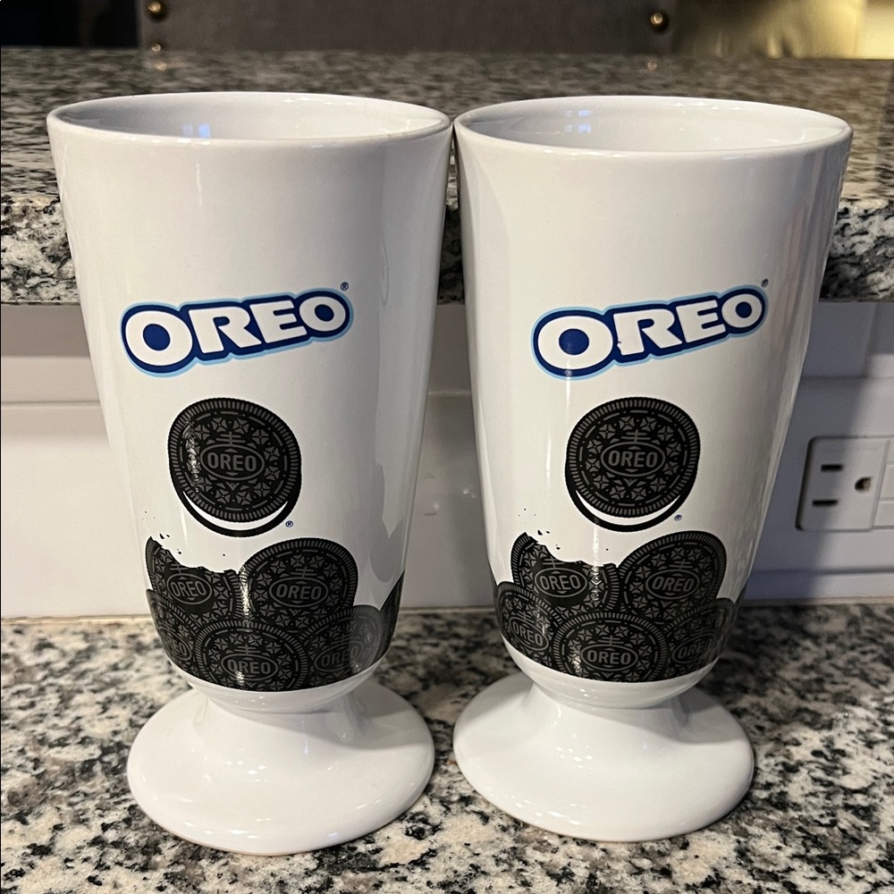 Vintage ceramic Oreo milkshake cups 7” tall footed design Oreo cookie graphics.